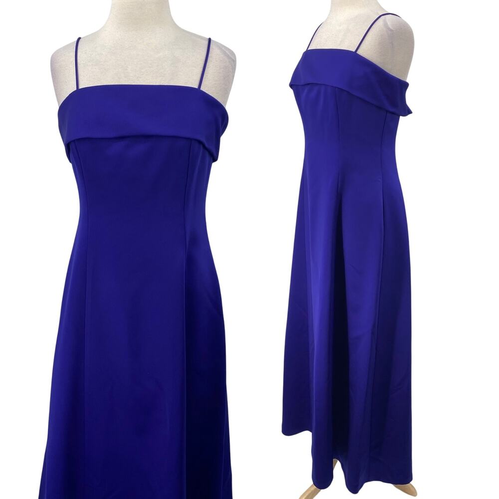 Vintage 90s Alex Evenings Satin Gown Floor Length Spaghetti Strap Purple Blue 8